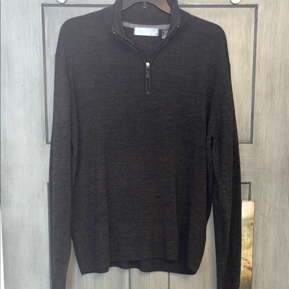 Oscar de la Renta SZ LG Dark Charcoal Quarter Zip-Up Sweater, designer, bold